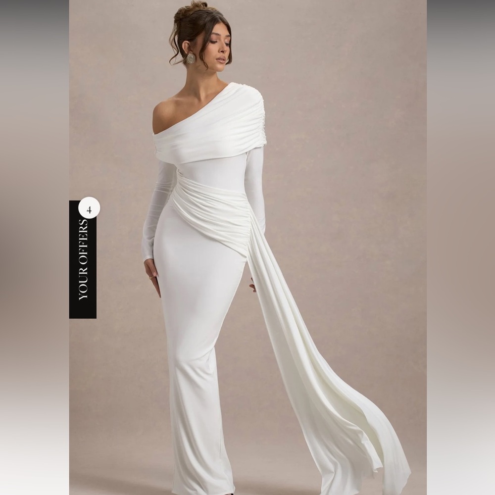 🔴 SOLD 🔴 CLUB LONDON- VALINA- WHITE ROUCHED ASYMMETRIC MAXI DRESS WITH DRAPE
